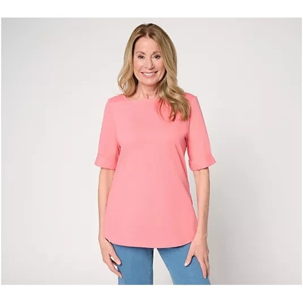 Denim & Co. Essentials True Cotton Elbow Sleeve Boat Neck Top Tea Rose, Small